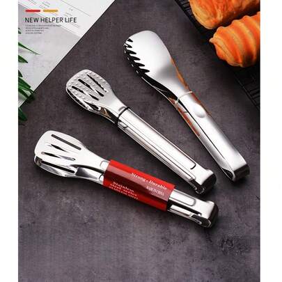 1pc Stainless Steel Food Tongs, Kitchen BBQ Tongs, Hot Pot & Bread Tongs, Outdoor Grill Tongs
