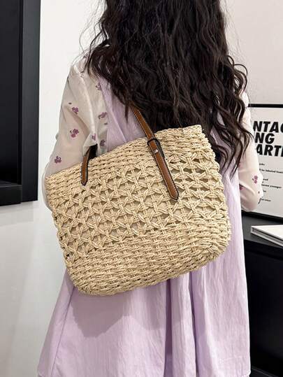 2026 New Hollow-Out Woven Straw Tote Bag For Women, 2-Color Beige & Brown Handwoven Shoulder Bag With Contrast PU Leather Straps & Adjustable Buckle, Lightweight Breathable Paper Straw Construction