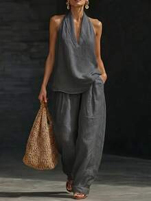 2026 Spring And Summer French Temperament Neck V-Neck Leaking Back Top, Cool Feeling Comfortable And Thin Wide-Leg Pants Set,Trajes Elegantes De Mujer,Conjunto De Dos Piezas Mujer - 灰色 - 查看 6
