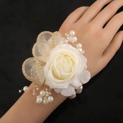 1pc/6pcs Elegant Bride Bridesmaid Wedding Wrist Corsage, Ivory Pink Satin Ribbon Rose Gold Leaf Faux Pearl Elastic Wristband Flower, Suitable For Wedding, Party, Prom, Valentine's Day, Banquet