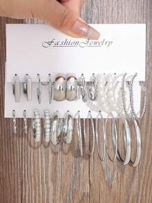 12-24件套优雅金属低过敏性多层耳环，简约几何造型，超大耳环，仿珍珠设计，适合日常佩戴和派对场合 - 銀色 - 查看 1