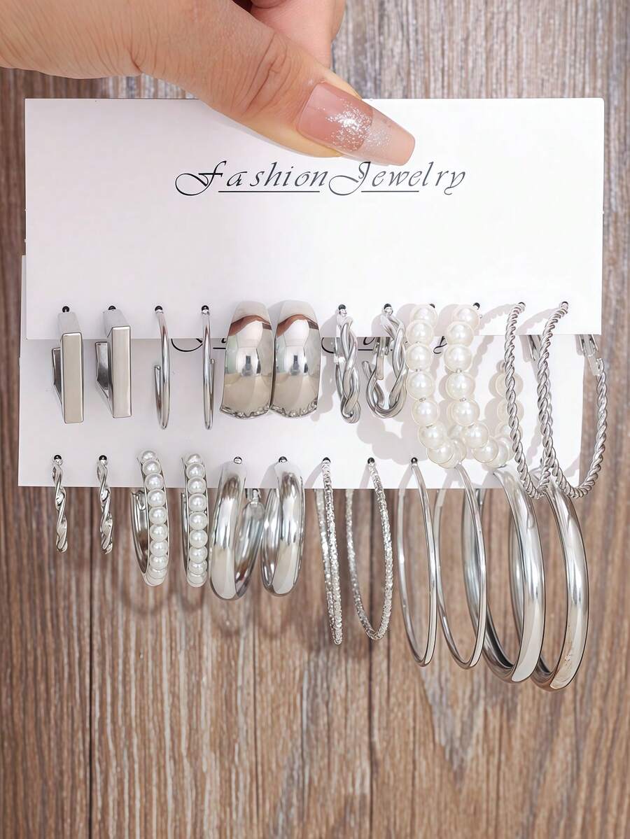 12-24件套优雅金属低过敏性多层耳环，简约几何造型，超大耳环，仿珍珠设计，适合日常佩戴和派对场合 - 銀色 - 查看 1