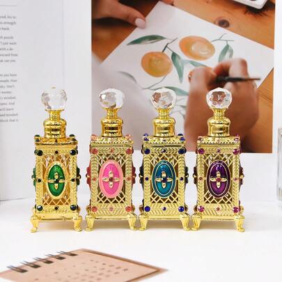 1个12毫升优雅线条水钻装饰香水瓶，桌面摆件，梳妆台装饰，可重复灌装的空瓶（仅限手洗），精致的香水储存瓶，高雅的装饰，高品质玻璃和金属材质，经久耐用，便携，密封性能好，即使倒置也不会泄漏（仅空瓶）