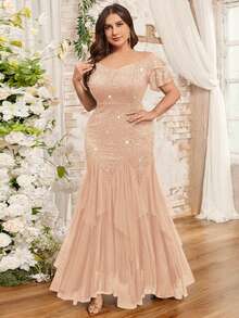 Plus Off Shoulder Ruffle Sleeve Sequin Floral Lace Contrast Mesh Ruffle Hem Evening Party Long Dress, Homecoming Dress, For Prom, Wedding Guest, Graduation - Rượu sâm banh - Xem 5