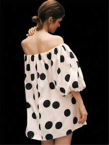 Women's Off-Shoulder Casual Petal Sleeve Loose Mini Dress, Beach Sundress - Black and White - View 3