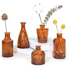 Set Of 5 Amber Glass  Vases For Centerpieces Vie Style Small Flower Vases In Bulk Ideal For Rustic Wedding And Home Table Decoration - Amber - 查看 1