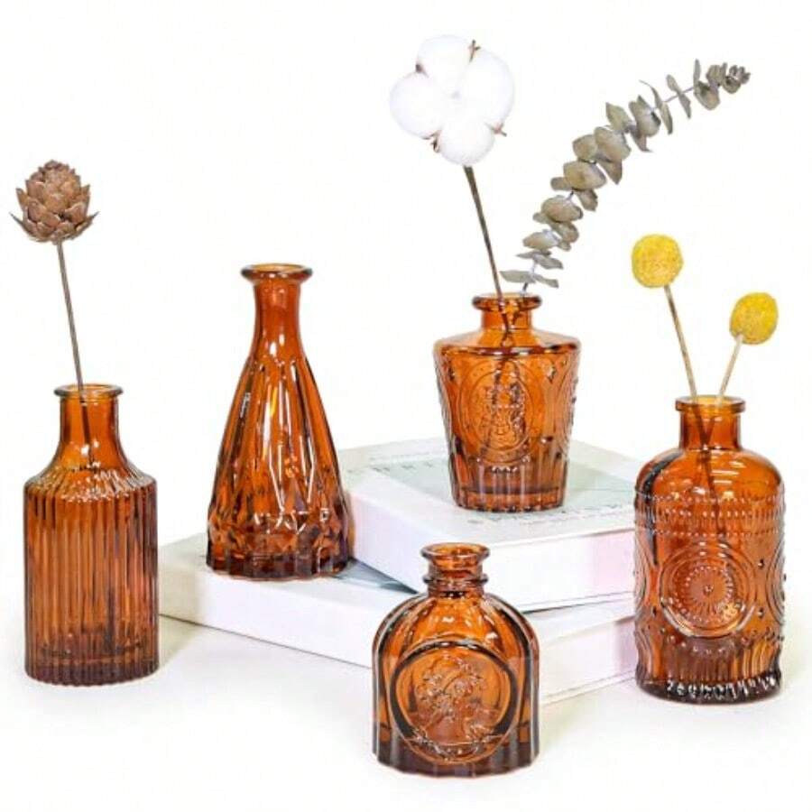 Set Of 5 Amber Glass Vases For Centerpieces Vie Style Small Flower Vases In Bulk Ideal For Rustic Wedding And Home Table Decoration - Amber - 查看 1