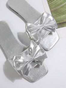 方头蝴蝶结套脚凉鞋，甜美仙女风，适合海滩、约会、派对、休闲穿着，夏季百搭 - 銀色 - 查看 5