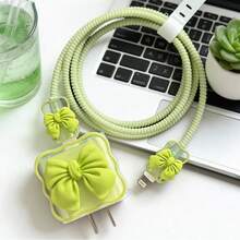 Cute Yellow Bow Decor Data Cable Protector, Compatible With 18/20W Charger Protective Case, Data Cable Protector Cord, Anti- Protector, Charger Accessory, Phone Accessory - Wave Green Five-piece Set - View 4