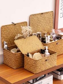 1pc Woven Basket With Lid, Rectangular Wicker Storage Box, Covered Toy Storage Bin, Exquisite Room Decor, Home Decor, Kitchen Decor, Bathroom Decor, Bedroom Decor, New Year & Valentine's Day Gift - 棕色 - 查看 5