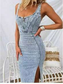 Short-Sleeve, U-Neck, Strappy, Distressed Denim Bodycon Dress (Casual Style) - Blue - View 7