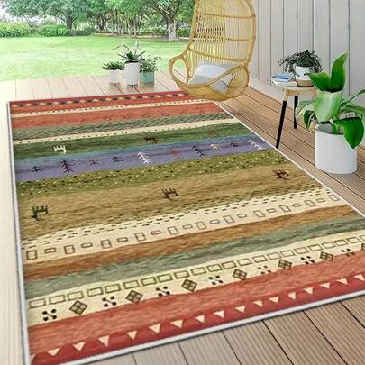 1件短绒水洗地毯，简约多巴胺条纹长方形沙滩地毯，适用于庭院、房车、露营、户外区域、阳台、野餐，花卉图案，适合春秋季露营，室内外均可使用。