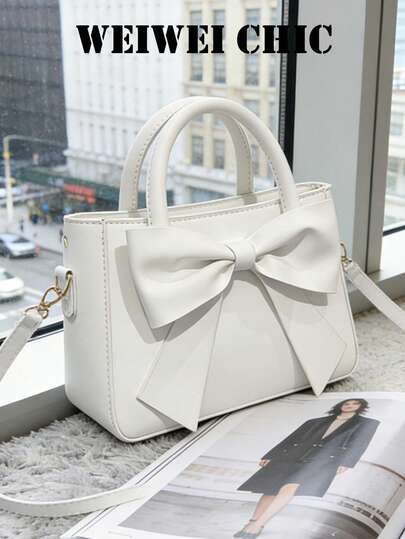 Luxurious Bow Decor Handbag - Women's Double Handle Purse, Small Faux Leather Crossbody Bag For Fashionable Women