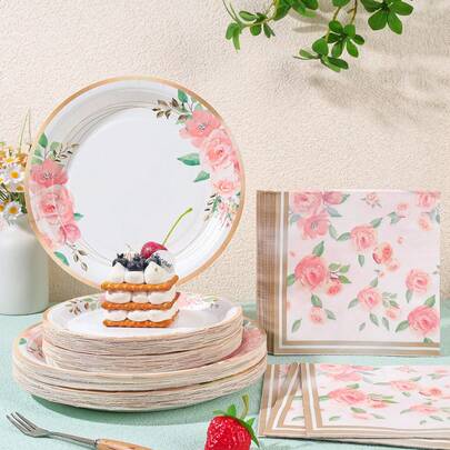 Faux Gold Foil Green Leaf Floral Disposable Party Tableware Set, 7/9 Inch Disposable Paper Plates, Napkins, Suitable For Family Gatherings, Gender Reveal, Celebrations, Birthdays, Weddings, Bachelorette Parties, Picnics