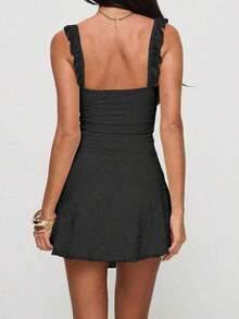 Elegant Fashion Ruffle Strap Bow Design Lace Patchwork Sleeveless Slim Fit Mini Dress Party - 黑色 - 查看 8