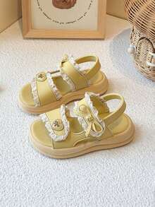 1双蕾丝蝴蝶结女童凉鞋，厚底软底公主鞋，甜美水晶心形儿童夏季沙滩鞋 - 黃色 - 查看 1