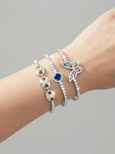 3件套女士银色网球手链套装 - 多色方形宝石双X设计，海军蓝蓝宝石主石，彩色蝴蝶吊坠，可爱可叠戴腕饰，低致敏性，适合敏感肌肤，意义非凡的周年纪念日、情人节、生日礼物，青少年适用