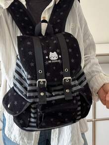 1pc Minimalist Large Capacity Multi-Pocket Drawstring Backpack, Striped Star Pattern, Suitable For Traveling, Sightseeing, Vacation, Fits Clothes, Books, Laptop - Multicolor - View 3