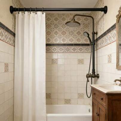 1 Barra de cortina de ducha negra y 1 barra de cortina de ducha blanca, barra de cortina de ducha sin taladro, barra de cortina de ducha telescópica, gruesa y duradera, adecuada para barras de cortina, estantes de secado, barras de cortina de ventana, barras romanas, barras de soporte de armario, barras de cortina de puerta y ventana, accesorios de baño, herramientas de baño