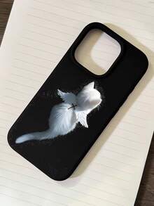 1pc Minimalist Personalized Shiny Cross & White Cat Graphic Black Liquid Edge Phone Case, Compatible With IPhone 16/16Pro/16Plus/15/15ProMax/15Pro/11/12/13/14ProMax/11Pro/11ProMax/12Pro/12ProMax/13Pro/13ProMax/14Pro/14ProMax, Soft Shell, Elegant Creative Design - Multicolor - View 3