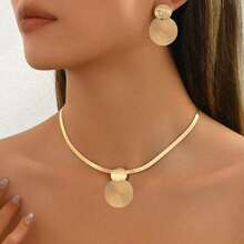 3pcs Elegant Necklace + Earrings Jewelry Set For Women, Fashionable Golden Flat Snake Chain, Geometric Spiral & Round Pendant Design, Choker Necklace For Daily, Holiday, All Seasons, High-End Gift Accessories - Gold - View 5