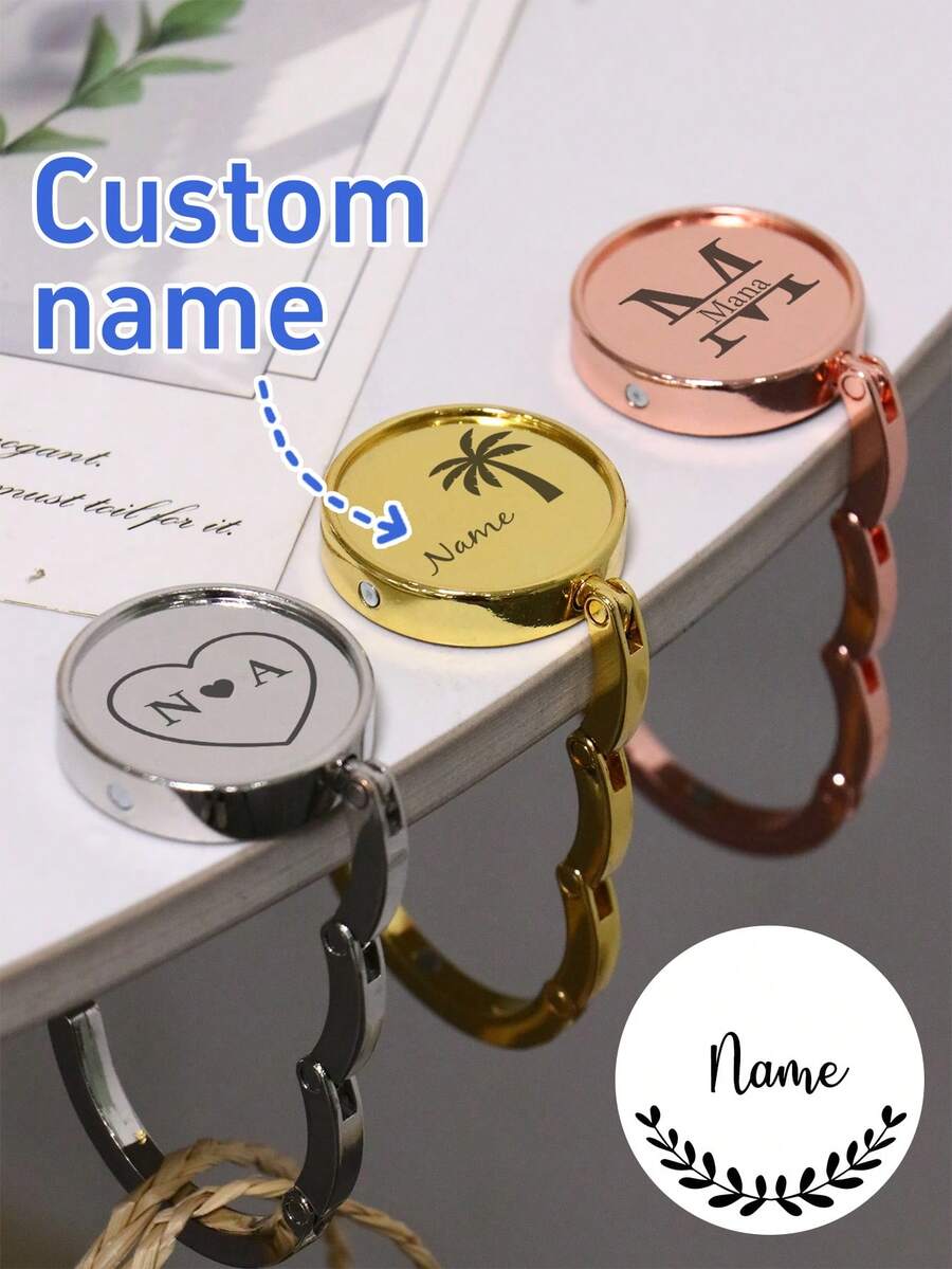 Custom Name Foldable Purse Hook, Elegant Minimalist Table Handbag Hanger For Restaurant Desk Cafe Travel Organizer, Personalized Bag Hook Gift For Birthday Wedding Party Or Holiday Surprise, Stylish Purse Holder Accessory, Customized Handbag Hook, Customizable Bag Hanger Decor - Style a - View 1