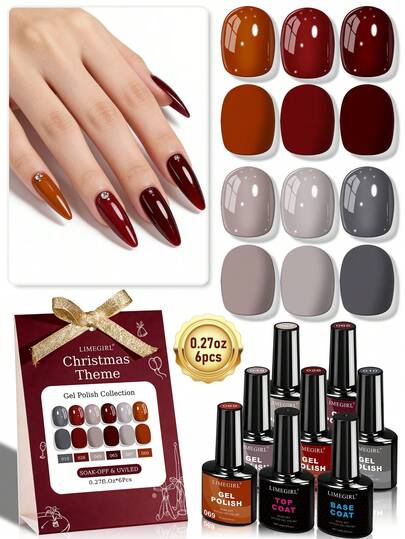  LIMEGIRL 8件套8毫升凝胶指甲油套装，包含酒红色、橙色、浅灰色凝胶指甲油，配有亮面和哑光面封层，圣诞配色DIY居家美甲沙龙礼物（送给女孩）