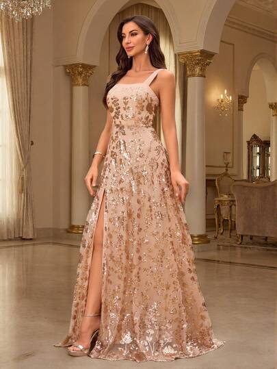 Vestido de fiesta de mujer de verano sin mangas con estampado floral y lentejuelas, con abertura alta en el muslo, sexy y dorado, elegante vestido de noche, vestido de graduación formal, vestido de invitada de boda, para ceremonias formales, cenas formales y otras ocasiones de primavera