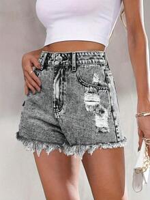 Women's Casual Sexy Elegant Fashion Elegant Commuting Pocket Frayed Sports Young Street Hole College Denim Shorts Summer - 灰色 - 查看 6