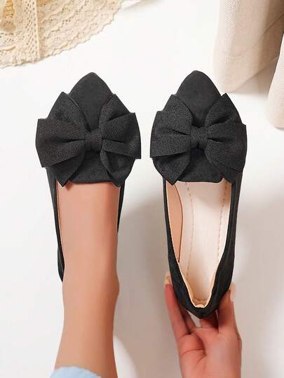 1 par de bailarinas de punta negras de talla grande para mujer con lazo, zapatos cómodos de punta redonda blanda con diseño de lazo elegante, clásico, estiloso y versátil