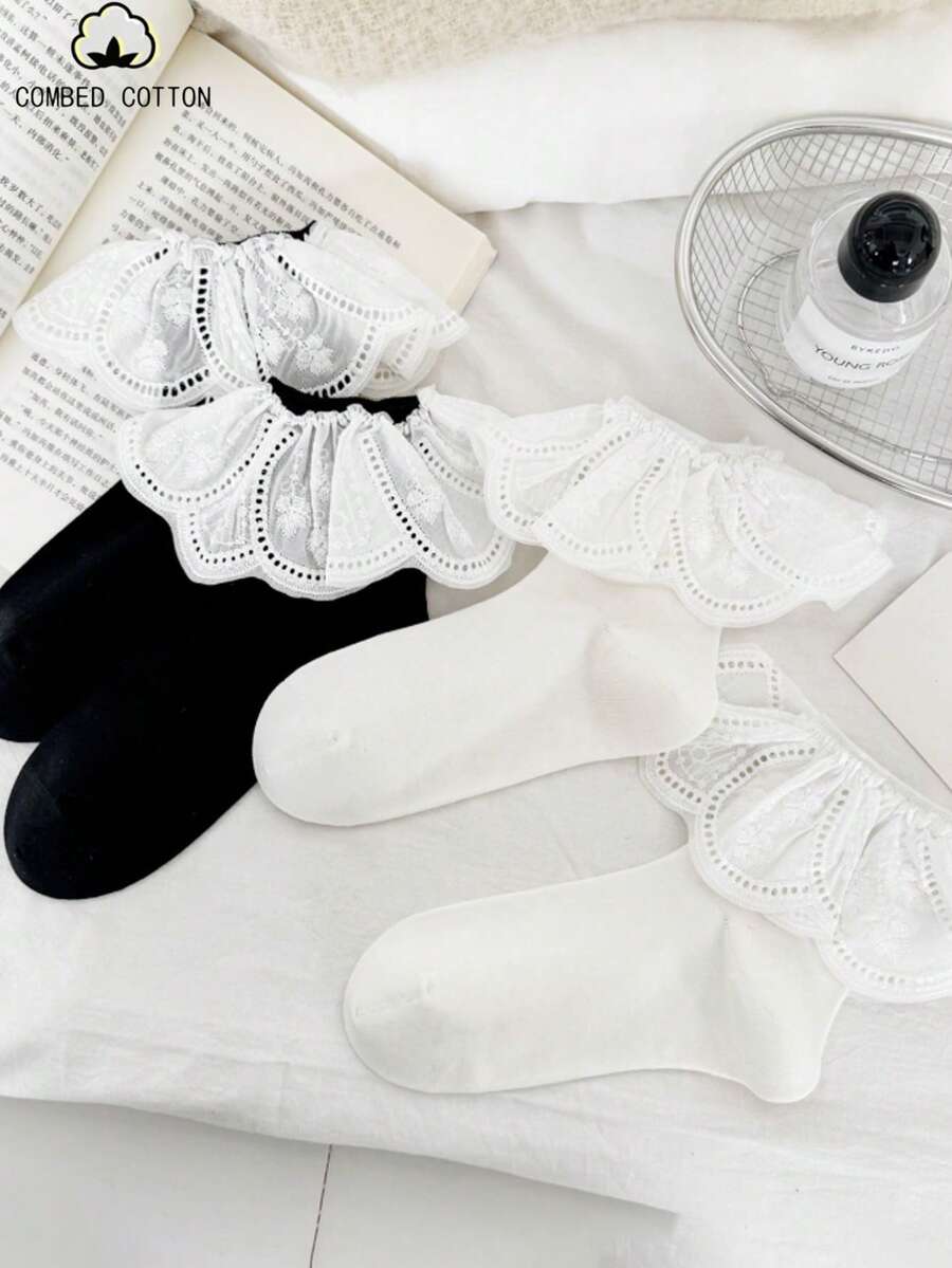 1双双层蕾丝公主袜 | 黑白基础款棉袜 | JK制服配套袜 - 彩色 - 查看 1