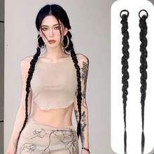 2pcs/Set 70cm Long Braided Wigs For Women, Twisted Braid Ponytail Hair Extensions, Elastic Band Hairstyle Accessories, Hair Accessories - Black - View 2