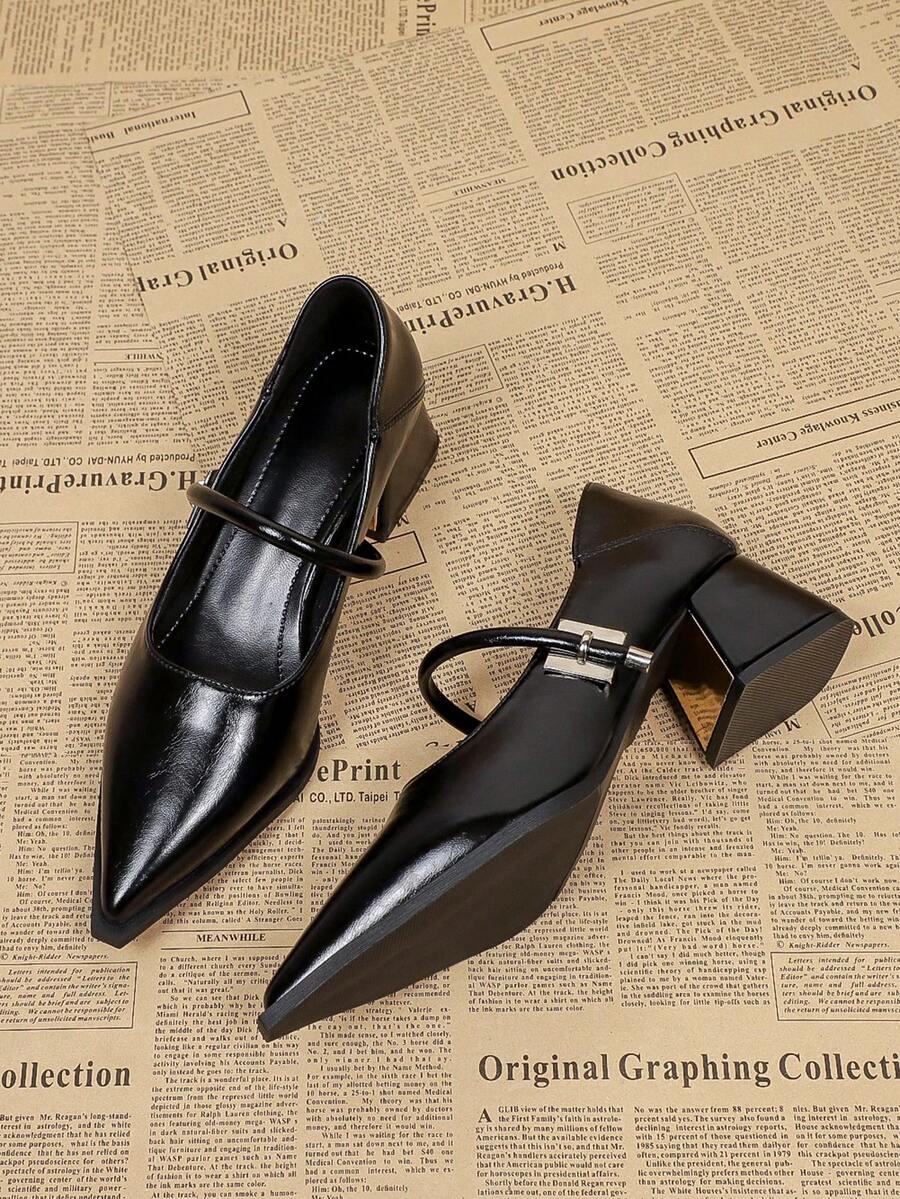 2026新款优雅商务尖头粗跟单带女式高跟鞋，百搭玛丽珍鞋，适合商务、派对、婚礼等场合 - 黑色 - 查看 1