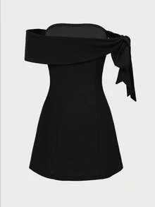 欧美时尚休闲优雅露肩高腰性感棕色连衣裙，适合派对/约会，夏季女装 - 黑色 - 查看 7