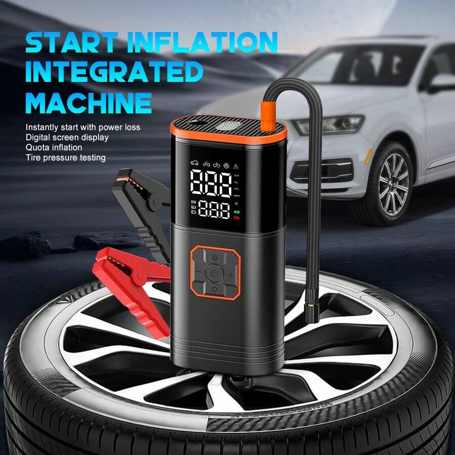 Portable Air Pump, Quick Inflation, With Built-In Car Jump Starter Function, Car Jump Starter Power Bank With LED Flashlight, Large Smart Display, And Comes With A Storage Bag. - Black - View 1