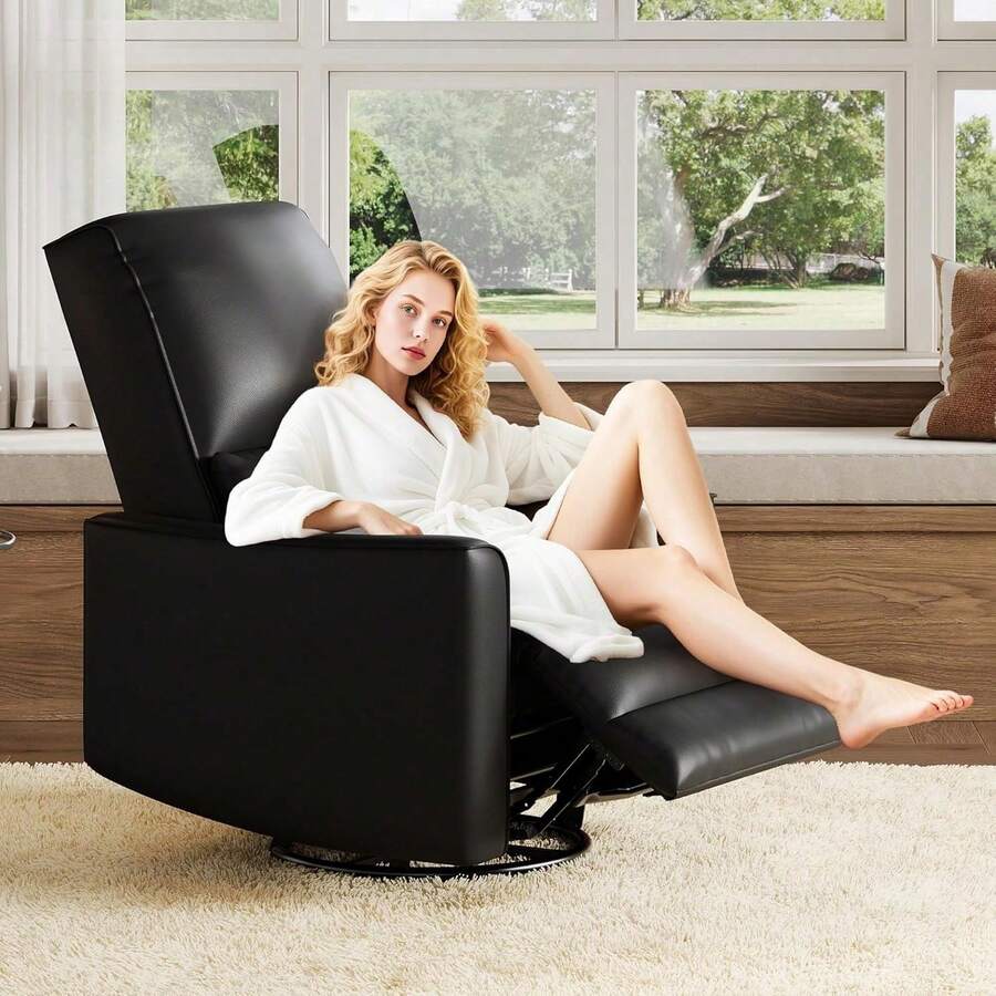 Silla reclinable giratoria de 360 ° con soporte lumbar - Silla mecedora manual de cuero PU ergonómica para guardería, sala de estar, dormitorio, oficina en casa - Negro - Ver 1