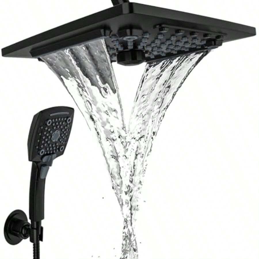 ELLOandALLO - Cabezal de ducha de lluvia con spray de mano cabezal de ducha de lluvia combinado con manguera de 60 pulgadas juego de cabezal de ducha doble ajustable con desviador de 3 vías negro - Negro mate - Ver 1