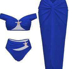 2026 New European And American Starfish Print Two-Piece Swimsuit With Long Skirt Three-Piece Bikini Set - Xanh đậm - Xem 6