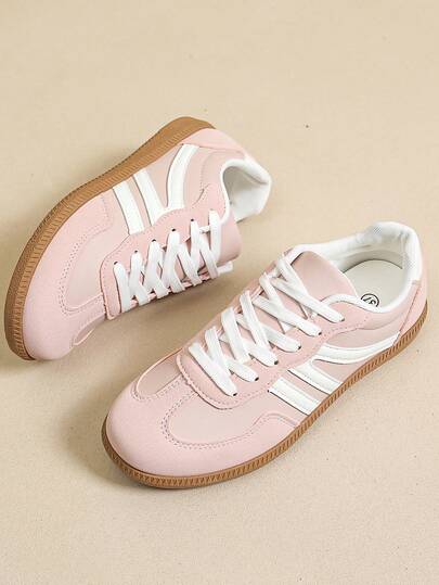 Women's Cute Pink Two Tone Stripe Detail Lace-Up Front Sneakers, Comfortable Retro Flat Trainers, Casual Breathable Walking Shoes For Daily Wear, School, Weekend Outings And Street Style Fashion, Lightweight Non-Slip Rubber Sole For All-Day Comfort Trainers Women