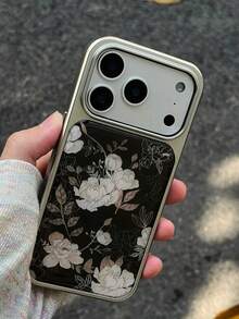 1 pieza Funda de teléfono con estampado floral de peonía blanca vintage elegante compatible con Apple 17, 16, Pro Max, 15, 14, 13, 12, 11, 17 ProMax, 16Pro, 15ProMax, 14Plus, con marco electrochapado y fondo negro estético - Negro - Ver 4