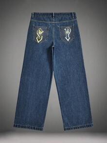 Quần jeans nam ống rộng dáng suông phong cách Grunge Goth Y2K, thêu họa tiết, đa năng cho mọi mùa, thời trang đường phố cá tính, phù hợp cho công sở, đi làm, biểu diễn sân khấu, đi chơi, hoạt động ngoài trời. - Màu xanh lam - Xem 2
