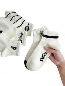 5 Pairs Women's Black And White Striped Socks, Spring/Summer Thin Student Versatile Cartoon Letter Sports Breathable Boat Socks - Multicolor - View 4
