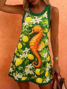 Women's Casual Vacation Seahorse & Lemon Fruit Print Sleeveless Slip Dress, Spring/Summer - Multicolor - View 3
