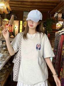 Japanese Style Loose Street Fashion Rabbit Graphic Print Short Sleeve T-Shirt, Summer - Light Grey - View 6