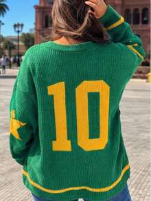 Women's Green Knit Sweater With A V-Neck, Yellow Star Details And Striped Hem, Regular Fit And Wrist-Length Sleeves. Basic Top. - 綠色 - 查看 2