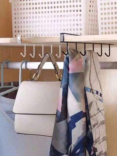 1pc/White/Black 6-Hook Storage Rack, No Drilling Required, Multi-Function Storage Hanging Hook Strip, Wardrobe Hooks, No Drill Kitchen Hooks, Adhesive Hook Rack, Track-Style Kitchen Utensil Rack, Kitchen Pot Hanging Rack
