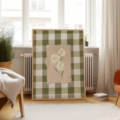 1pc Frameless Green Checkered Floral Print, Botanical Wall Art Poster Vintage Cottagecore Decor For Nursery, Farmhouse, Gallery Wall Giftable Aesthetic Set, Sage Green Botanical Print