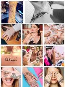 [Colorful Henna Tattoo Set]High-Quality Henna Tattoos In Multiple Colors, 12 Reusable Random Stencils | Pre-Mixed Natural Henna Dye For Temporary Body Art | Waterproof And Smudge-Proof, Durable | Beginner-Friendly DIY Kit, Suitable For Parties, Festivals, Halloween, Weddings, And Henna Nights - 黑色+紅色 - 查看 5