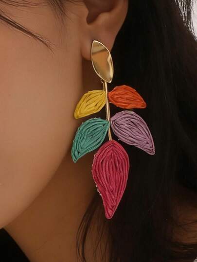 彩虹色耳环，甜美夏日度假风，彩色草编树叶耳环，波西米亚风时尚个性耳环