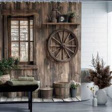 12钩复古木纹图案浴帘 - 防水、机洗、艺术设计，适用于家庭、酒店和浴室 - 多色 - 查看 18